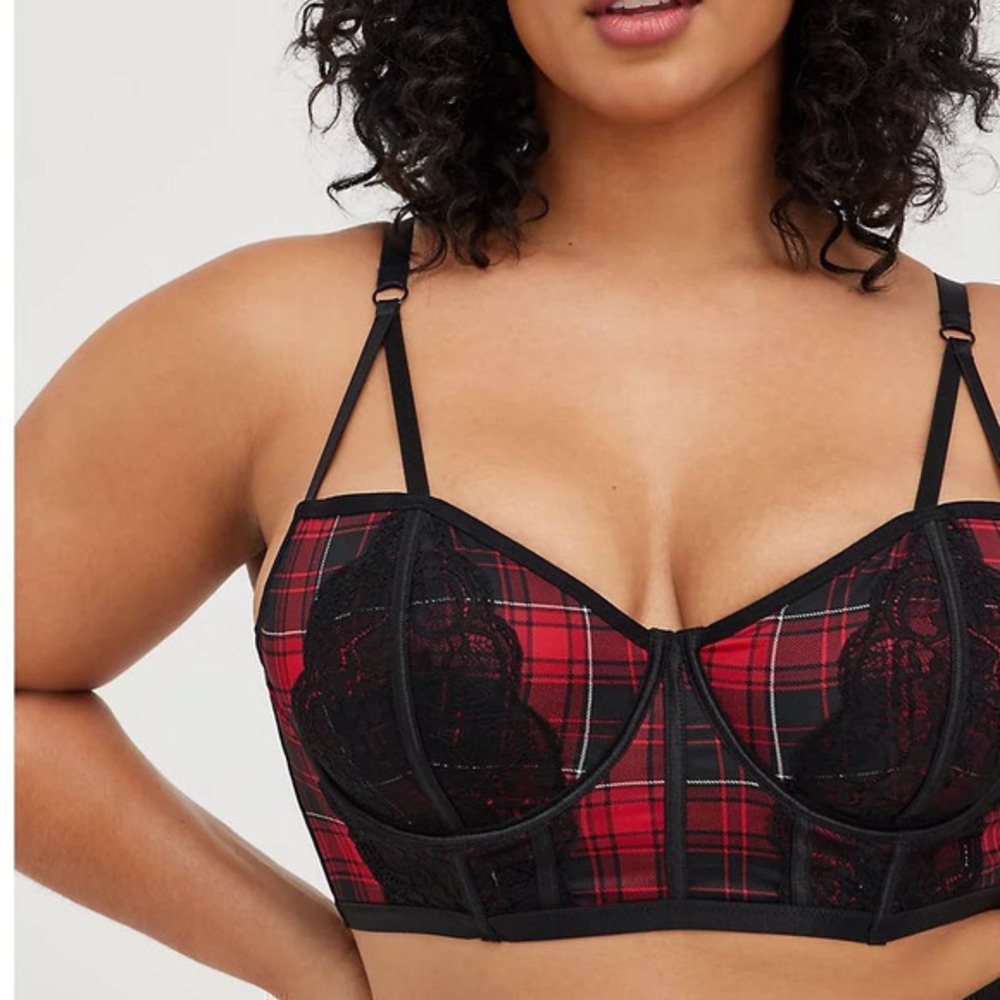 Sexy Torrid 1X Red/Black Plaid Unlined‎ Longline Strappy Underwire Bralette Bra